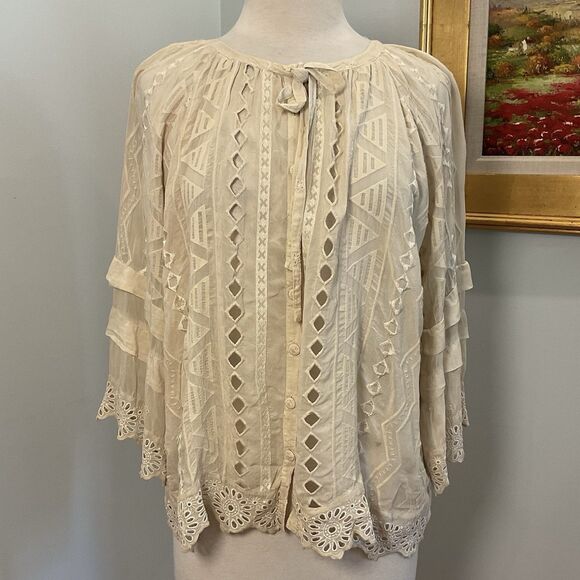 Johnny Was Womenβs Medium Cream Embroidered Eyelet Lace Boho Top Blouse - Picture 1 of 8